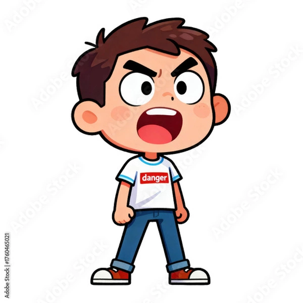 Fototapeta Cartoon depiction of a young boy with an angry, shouting expression stands against a dark background