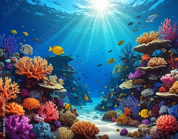 Fototapeta Vibrant underwater scene with coral reefs and sunlight beams