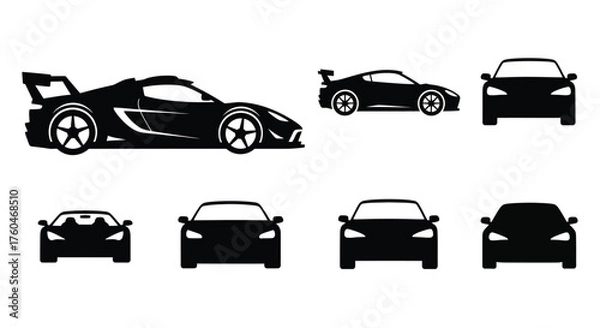 Obraz Black sports cars in various views depicted as simple silhouettes