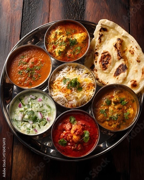 Obraz A delicious traditional Indian thali platter presentation close up