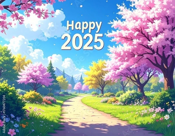 Fototapeta Whimsical illustration of a sunny park with blooming cherry blossoms & path