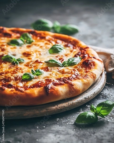 Obraz Freshly baked Italian Margherita pizza with basil on wooden board