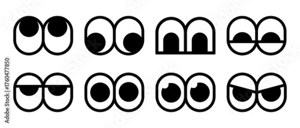 Obraz Collection of bold cartoon eye icons. A set of simple black and white character expressions with a thick outline for creating modern mascots or stickers.