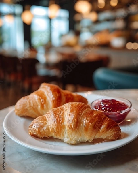 Obraz Fresh Baked Golden Croissants with Butter and Jam on a Plate