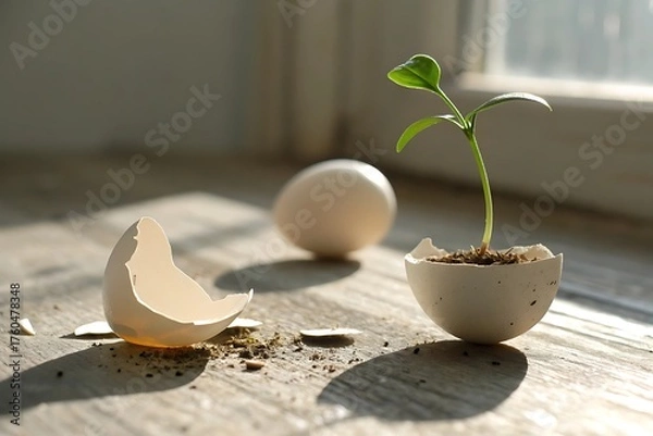 Obraz Plant Sprouting from a Cracked Eggshell on a Wooden Surface