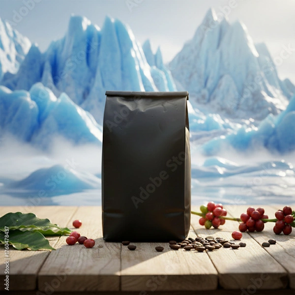 Fototapeta Coffee Packaging with Beans and Berries on Wooden Table in Icy Mountain Background