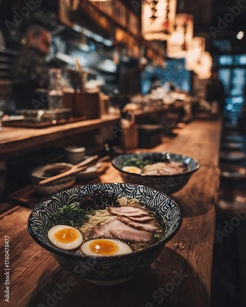 Obraz Steaming bowl of delicious Japanese ramen in a restaurant setting