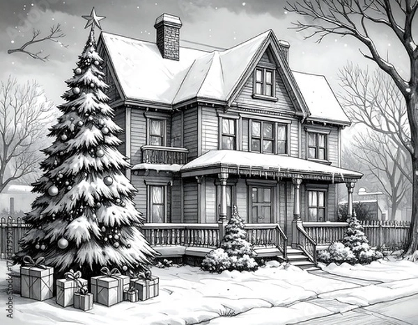 Fototapeta Winter scene Snowy house with Christmas tree and presents in monochrome