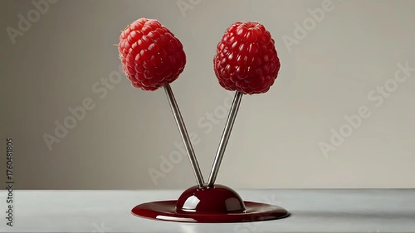 Obraz Minimalist dessert sculpture — a vertical stack of three raspberries on a fine metal skewer against a neutral background