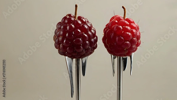 Obraz Minimalist dessert sculpture — a vertical stack of three raspberries on a fine metal skewer against a neutral background