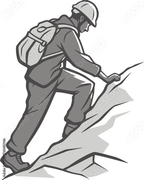 Obraz Man climbing mountain adventure hiking outdoor activity rock climbing with backpack and helmet extreme sport vector illustration