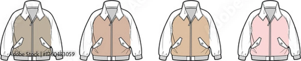 Obraz Vector flat illustrations of versatile bomber jacket designs in a palette of light and earthy colors, presented as editable fashion technical sketches for apparel mockups and design templates