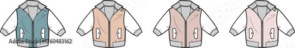 Fototapeta Set of children's hooded bomber jackets in pastel colorways. Vector flat sketch fashion illustration for apparel design and tech packs