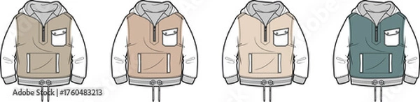 Obraz Set of men's outerwear apparel flat sketches featuring a hooded anorak pullover with multiple color mockups for a fashion collection