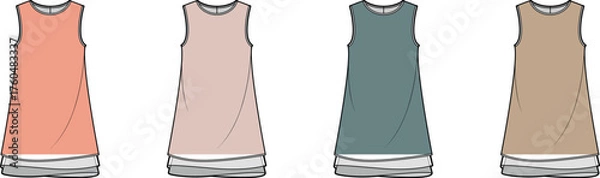 Obraz Collection of four simple sleeveless tunic dresses in soft pastel and neutral tones, featuring a clean, minimalist design for comfortable and versatile women's fashion, perfect for everyday wear