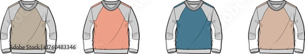 Obraz A collection of fashion design flat sketches featuring a raglan sleeve sweatshirt in multiple color block variations for apparel mockups