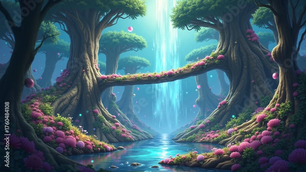 Fototapeta Imaginative Sci-Fi Fantasy Scene with Glowing Trees and Sky Lights