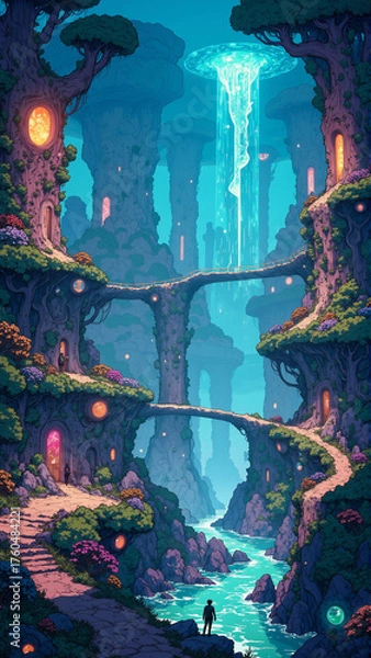 Fototapeta Futuristic Alien Jungle with Luminous Plants and Floating Energy