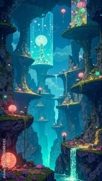 Fototapeta Magical Sci-Fi Forest at Night with Luminous Trees and Water