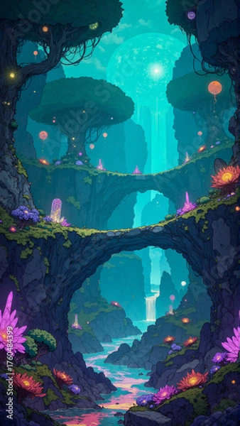 Fototapeta Surreal Fantasy Realm with Pink and Blue Glowing Orbs