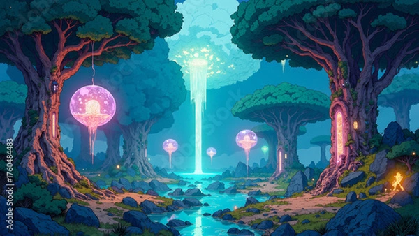Fototapeta Sci-Fi Fantasy Landscape with Neon Trees and Crystal Waterfalls