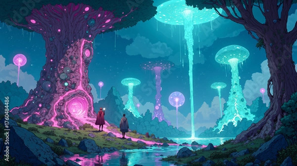 Fototapeta Mystical World of Light — Fantasy Environment with Energy Pillars