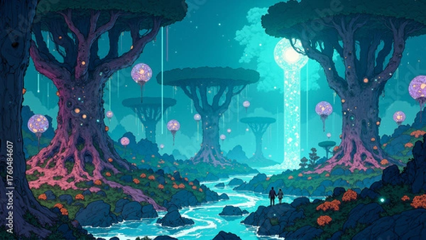 Fototapeta Fantasy Alien Forest with Glowing Trees and Floating Spheres