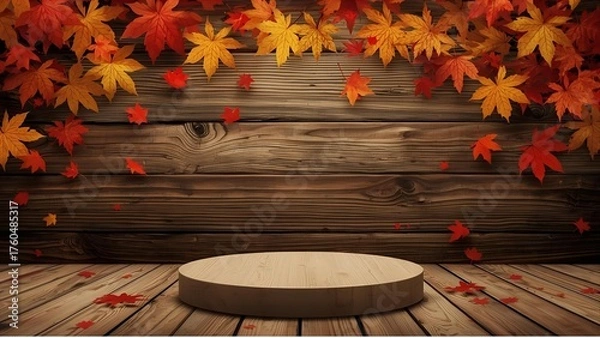 Fototapeta Autumn maple leaves on wooden table, isolated autumn product stand, beautiful.