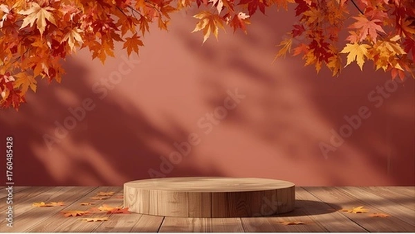 Fototapeta Autumn maple leaves on wooden table, isolated autumn product stand, beautiful.