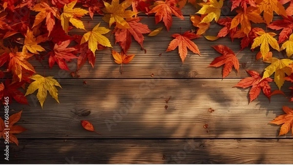 Fototapeta Autumn maple leaves on wooden table, isolated autumn product stand, beautiful.