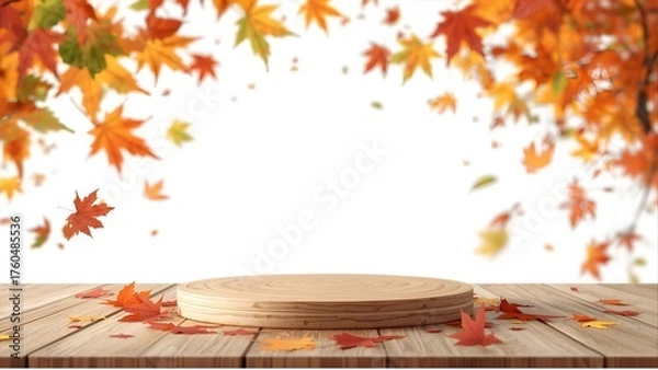Fototapeta Autumn maple leaves on wooden table, isolated autumn product stand, beautiful.