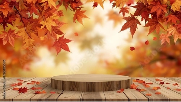 Fototapeta Autumn maple leaves on wooden table, isolated autumn product stand, beautiful.