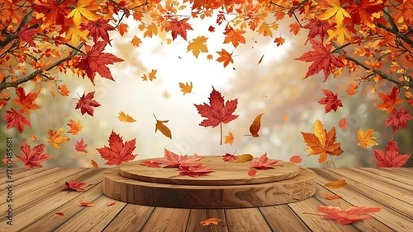 Fototapeta Autumn maple leaves on wooden table, isolated autumn product stand, beautiful.