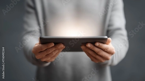 Fototapeta Individual Holding a Digital Tablet Emitting Light Symbolizing Knowledge and Technology in a Modern Setting