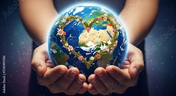 Fototapeta Hands gently cradling a glowing earth globe adorned with a vibrant floral heart symbolizing love and care for our planet