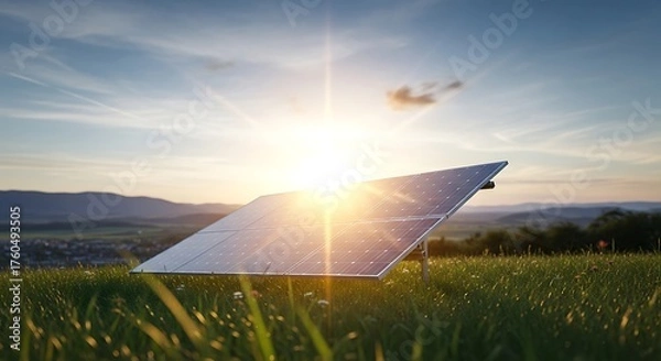 Fototapeta Bright sun shining through a solar panel in a grassy field with rolling hills and a blue sky