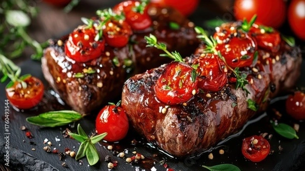Fototapeta Grilled Steak with Cherry Tomatoes and Herb Garnishes