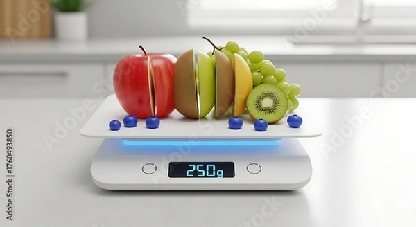 Fototapeta Fresh ripe fruits and berries carefully weighed on a digital kitchen scale for healthy eating and portion control