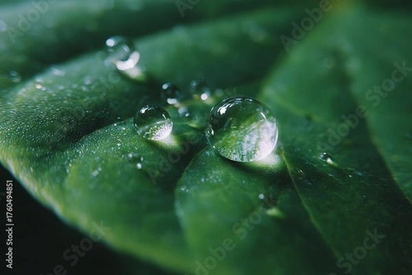 Obraz Close-up of Water Droplets on a Green Leaf in Nature