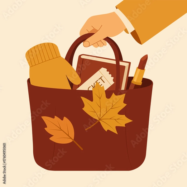 Obraz Flat vector illustration of a handbag with autumn leaves, book, gloves, and lipstick. Perfect for seasonal lifestyle design, fashion blogs, or cozy fall compositions.