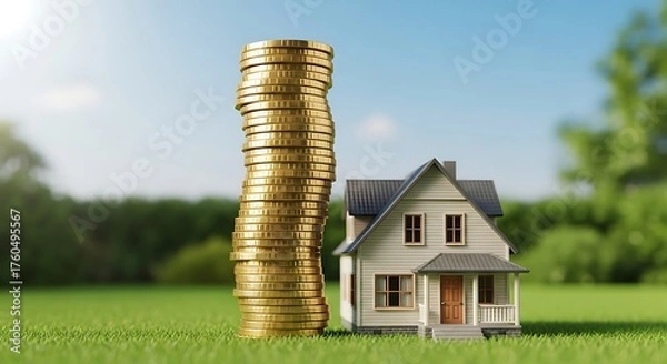 Fototapeta Tall stack of gold coins beside a miniature house on a grassy field with trees and blue sky background
