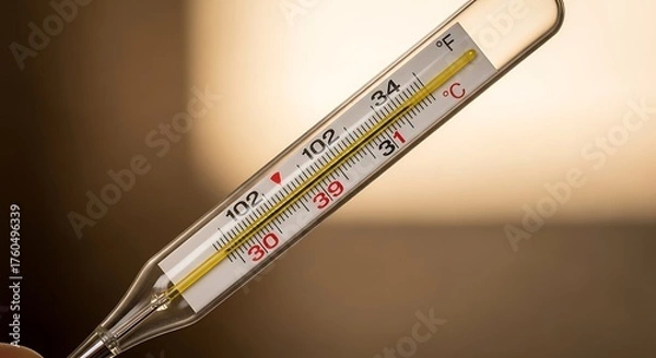 Fototapeta Close up of a traditional glass mercury thermometer showing a high temperature indicating fever or illness with a blurred background
