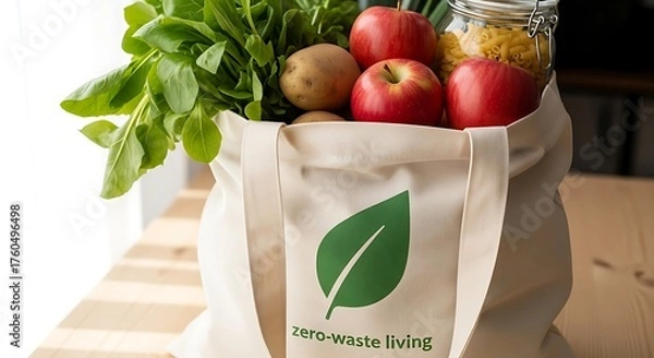 Fototapeta Reusable cloth grocery bag filled with fresh produce including apples potatoes and leafy greens alongside pasta in a jar