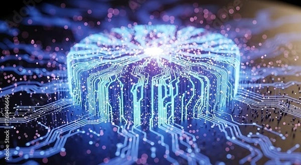 Fototapeta Abstract glowing blue artificial intelligence brain circuit board with digital connections and futuristic technology concept
