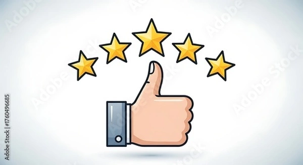Fototapeta Five golden stars and a thumbs up symbol representing excellent customer satisfaction and positive feedback for a product or service
