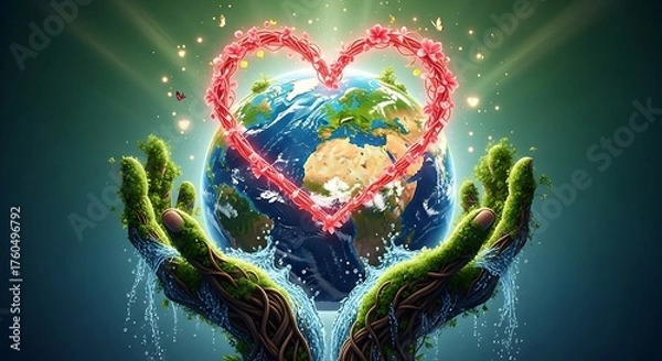 Fototapeta Two caring hands gently holding the earth planet surrounded by a glowing red heart symbol emanating light