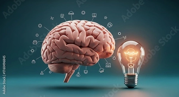 Fototapeta Human brain with glowing light bulb symbolizing ideas innovation and intelligence with digital data flowing around