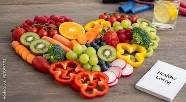 Fototapeta Heart shaped arrangement of fresh colorful fruits and vegetables on a wooden table symbolizing healthy eating and lifestyle choices