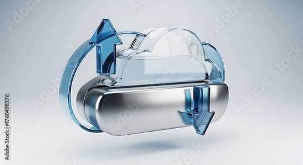 Fototapeta Abstract 3d rendering of a metallic cloud symbol with blue arrows indicating data transfer and connectivity in a digital environment