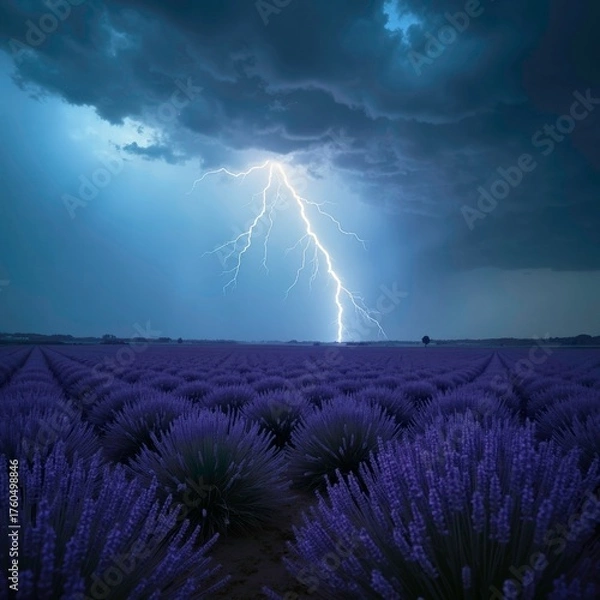 Fototapeta Purple lavender fields under lightning